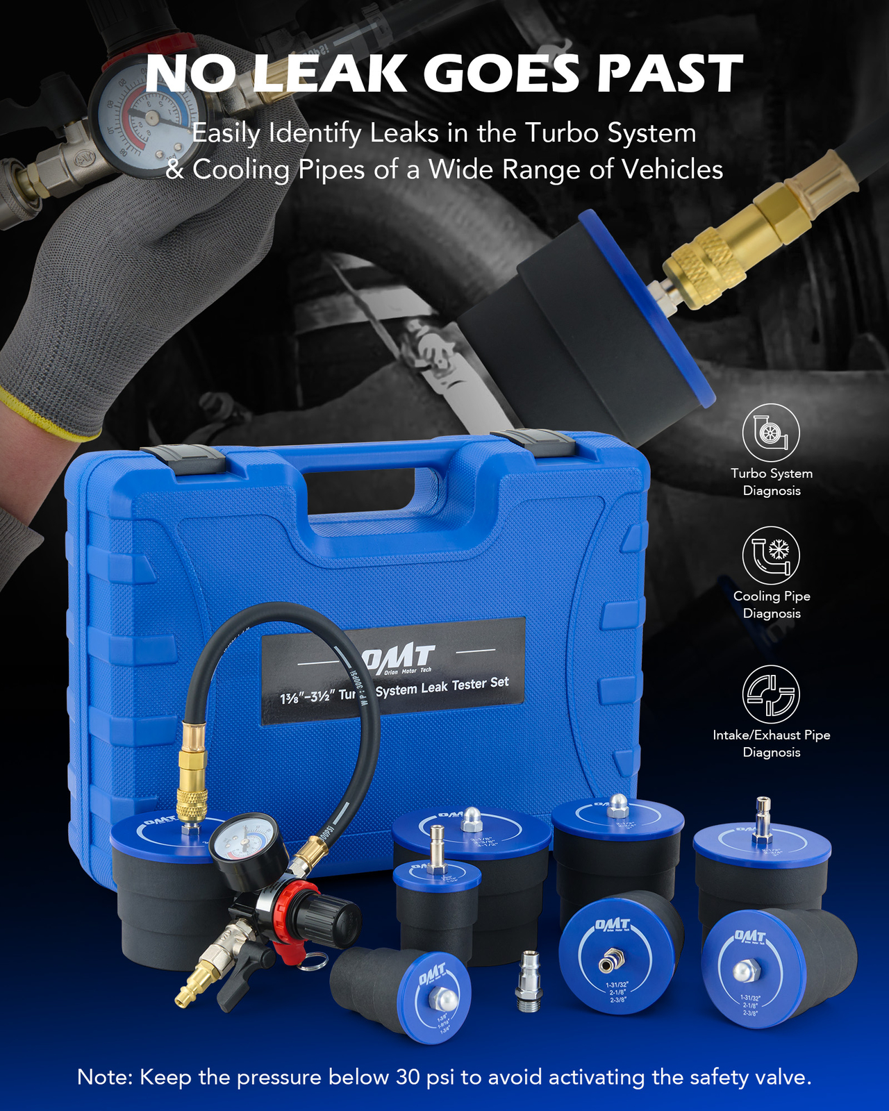 OMT Turbo Boost System Leakage Tester with 4 Pairs of Adapters 1-3/8 to 3-1/2