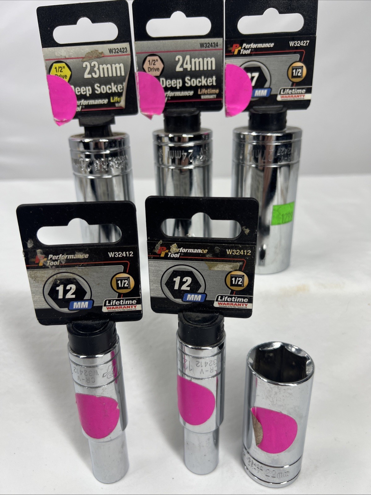 Lot of 6 Performance Tool 1/2″ Drive 6-Pt Metric Deep Socket 27-24-23-22-(2)12