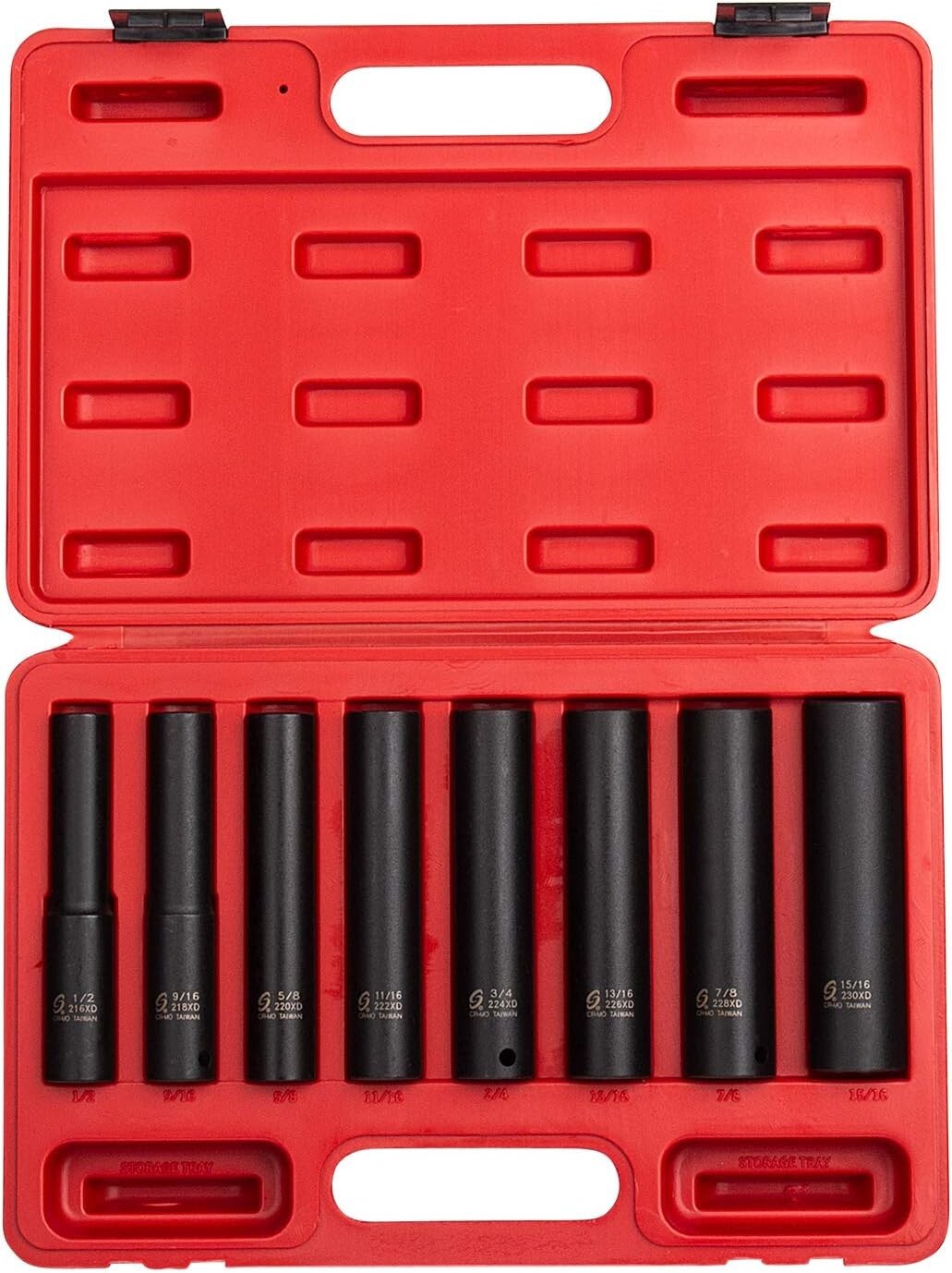 8-Piece SAE Impact Socket Set – Extra Long Deep CR-Mo Steel, Heavy-Duty Case