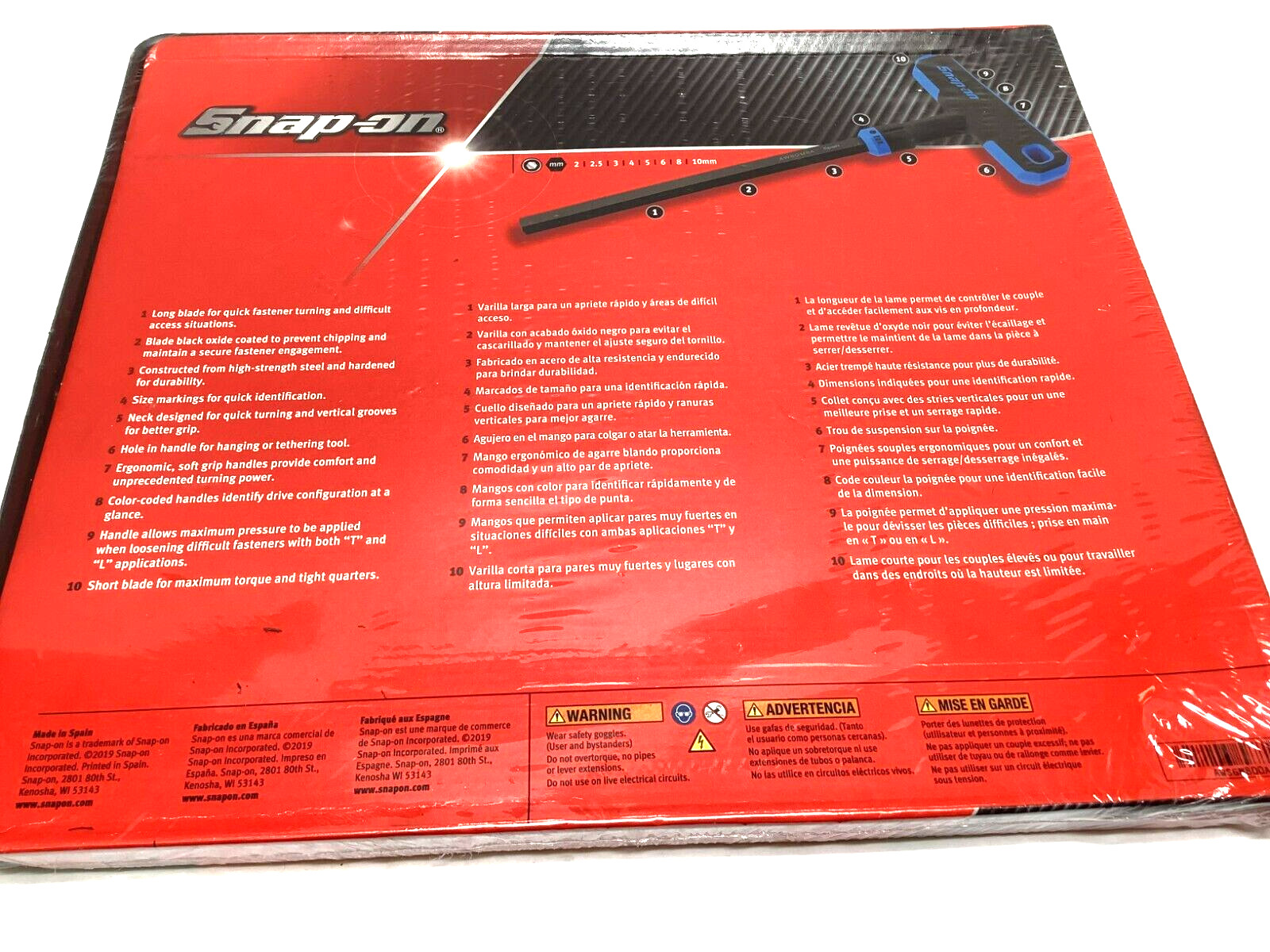 New Snap-on™ 2.5 – 10 mm T- & L-Shaped SAE Allen Hex Driver Key Set AWSGM800A