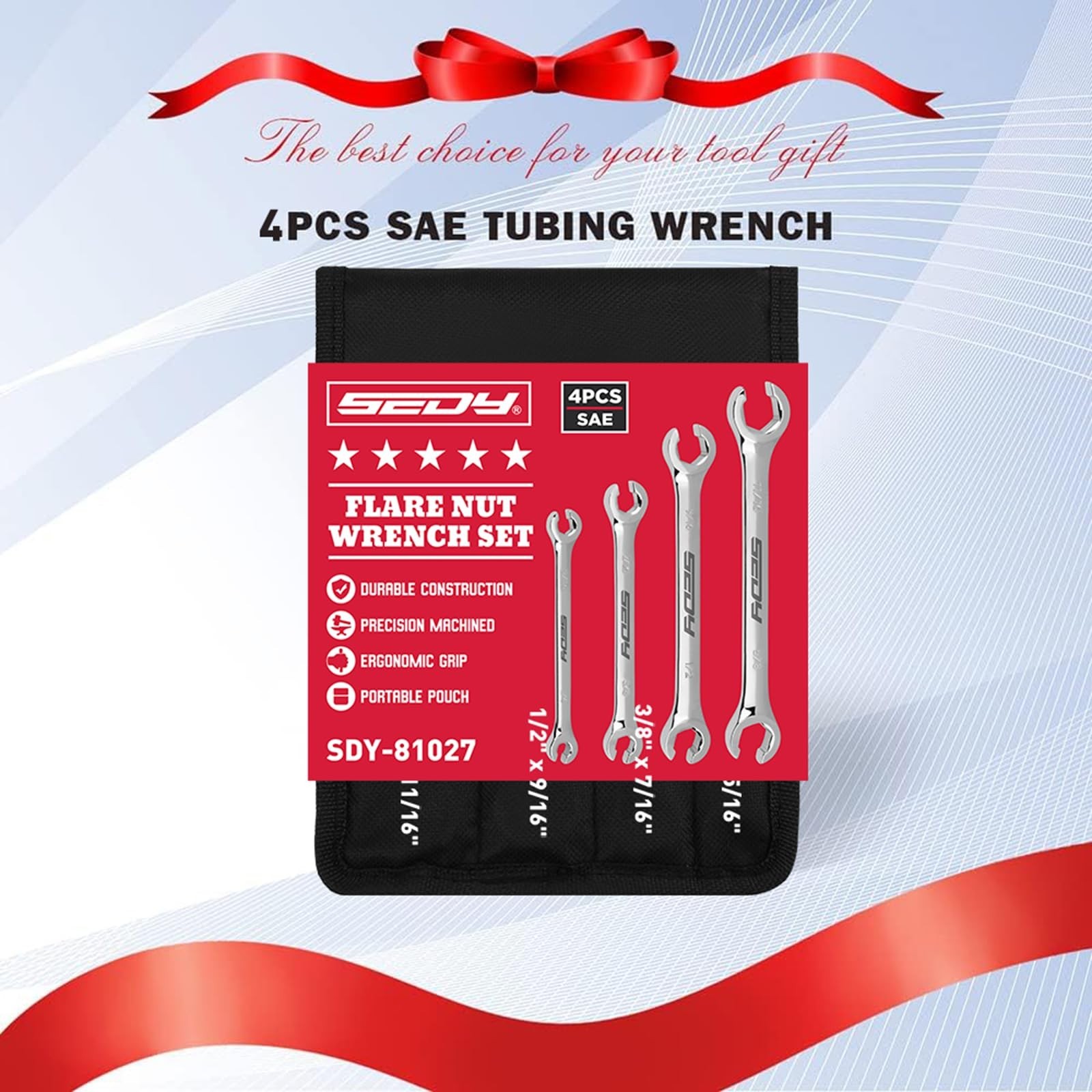 4-Piece SAE Flare Nut Wrench Set – Brake Line Tools with Offset Heads & Pouch