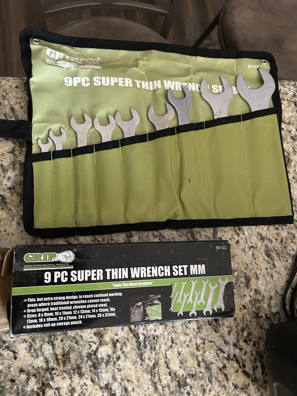 Grip 9pc Thin Open End Wrench Set Metic 8mm-32mm with Roll-Up Pouch