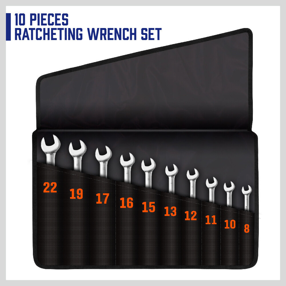 10pcs Flex-Head Ratcheting Combination Wrench Set 8-22mm Duo Metric Portable Bag