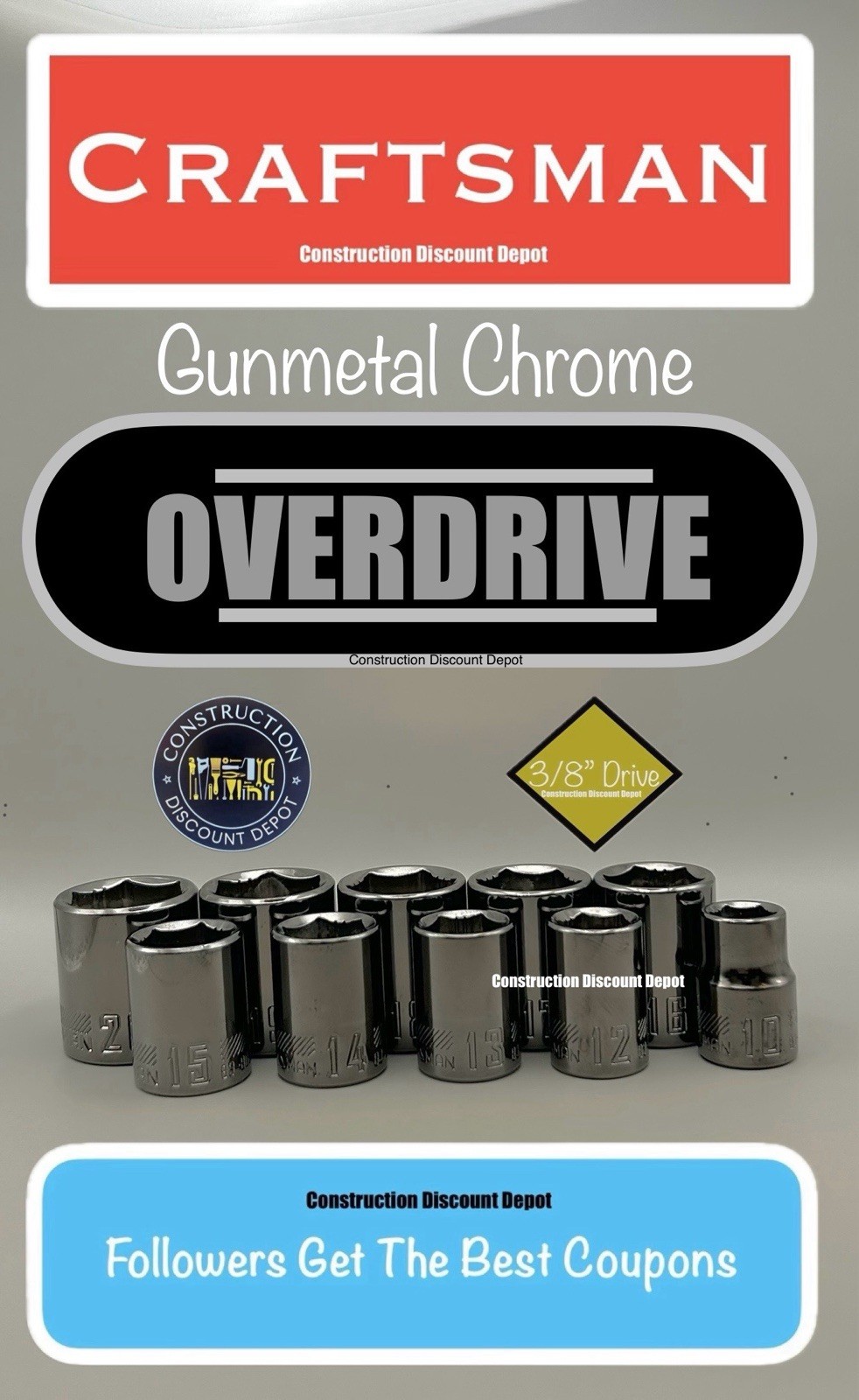 10 Craftsman OVERDRIVE 3/8″ Drive GUNMETAL CHROME Metric Socket Set TIGHT TORQUE