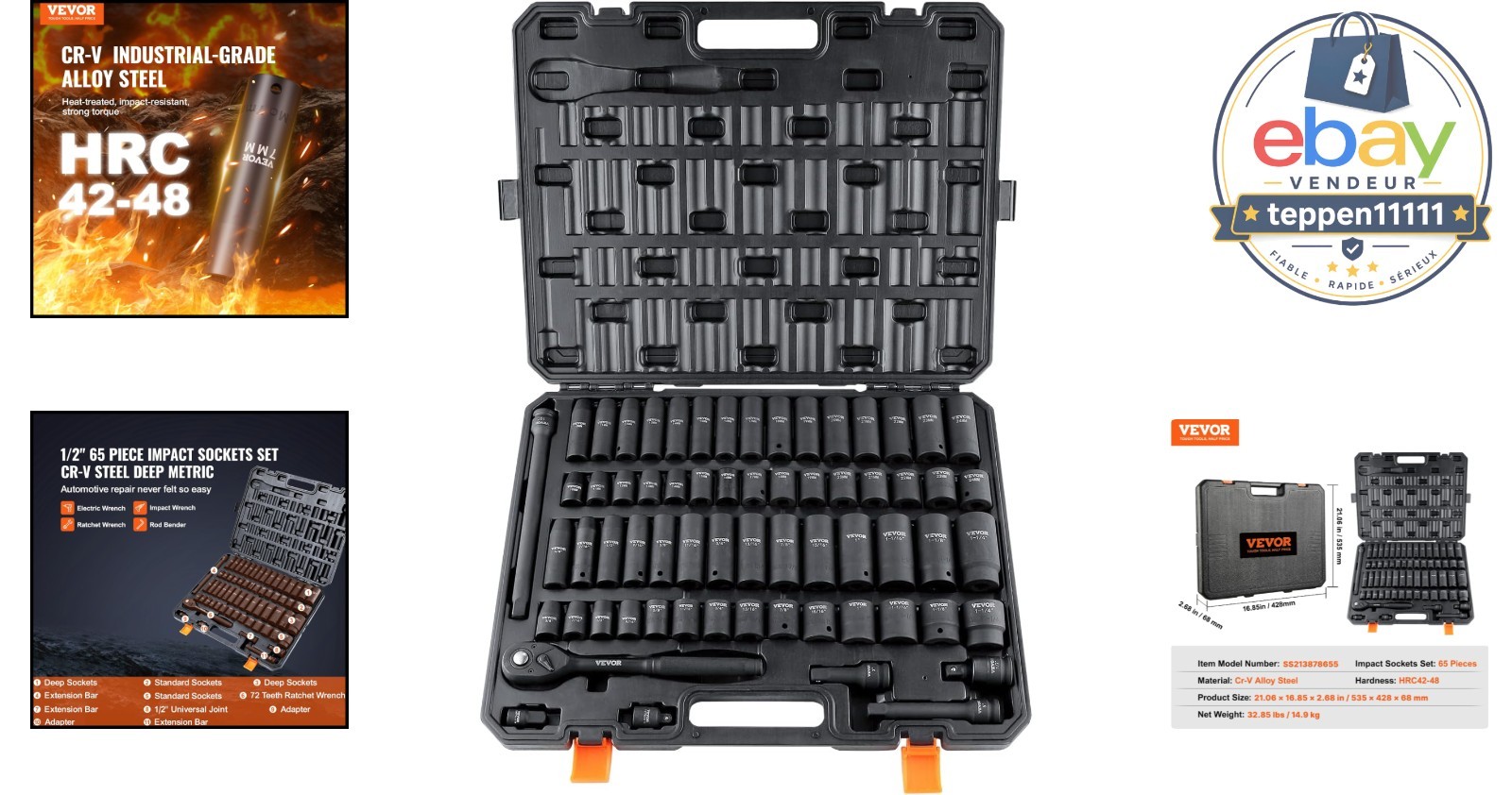 65 Piece Socket Set 1/2″ Drive SAE Metric 10-24mm Cr-V Alloy Steel