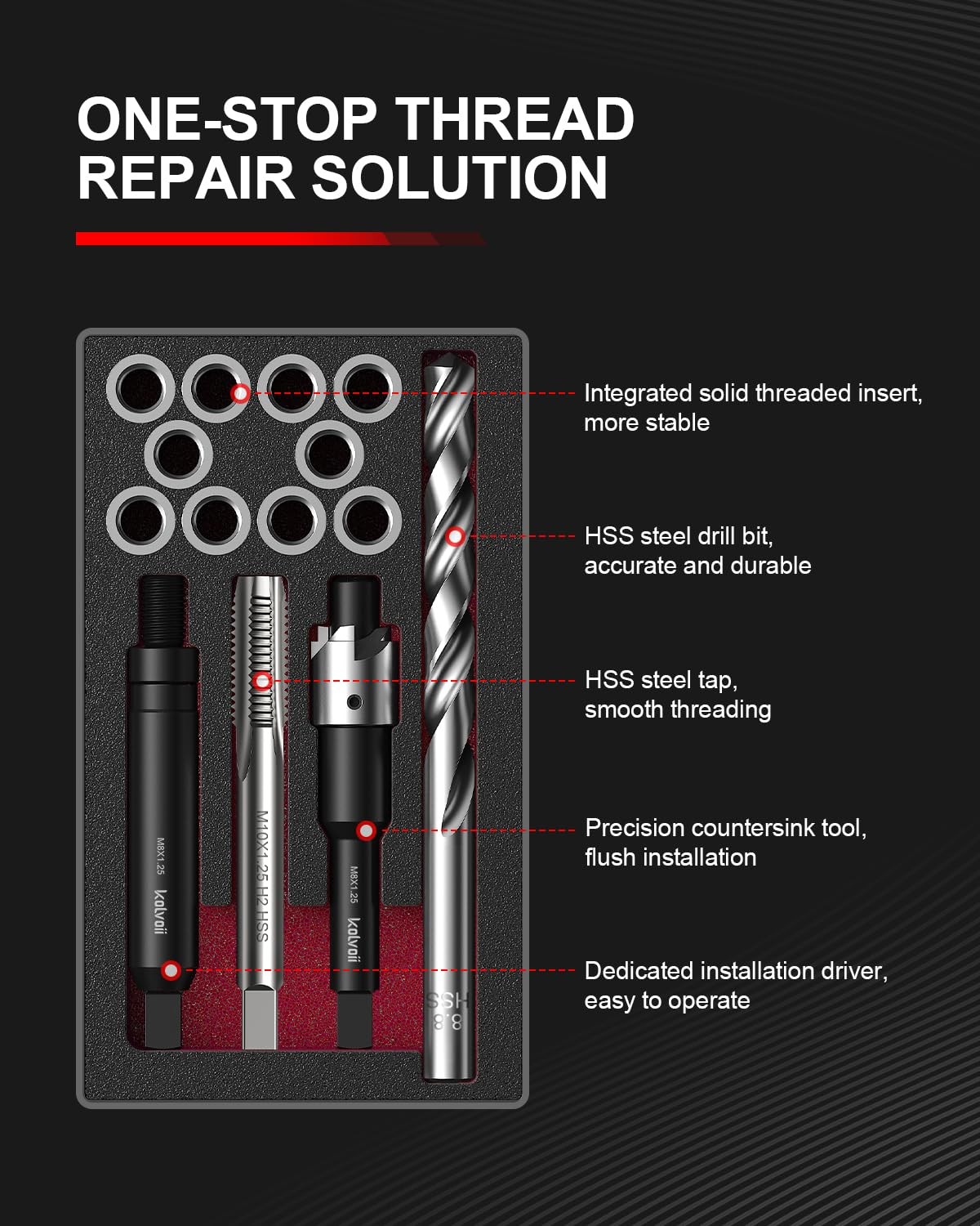Kolvoii M8x1.25 Thread Repair Kit HSS Drill Bit 304 SS Insert 11.7mm Tool Set