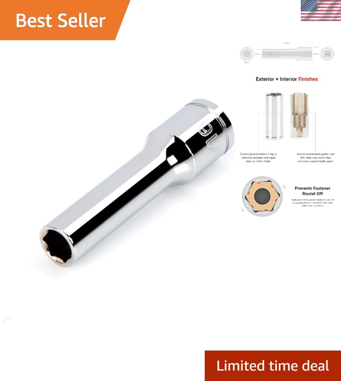 Professional Chrome Vanadium Deep Socket – 3/8 Inch Drive x 5/16 Inch Size