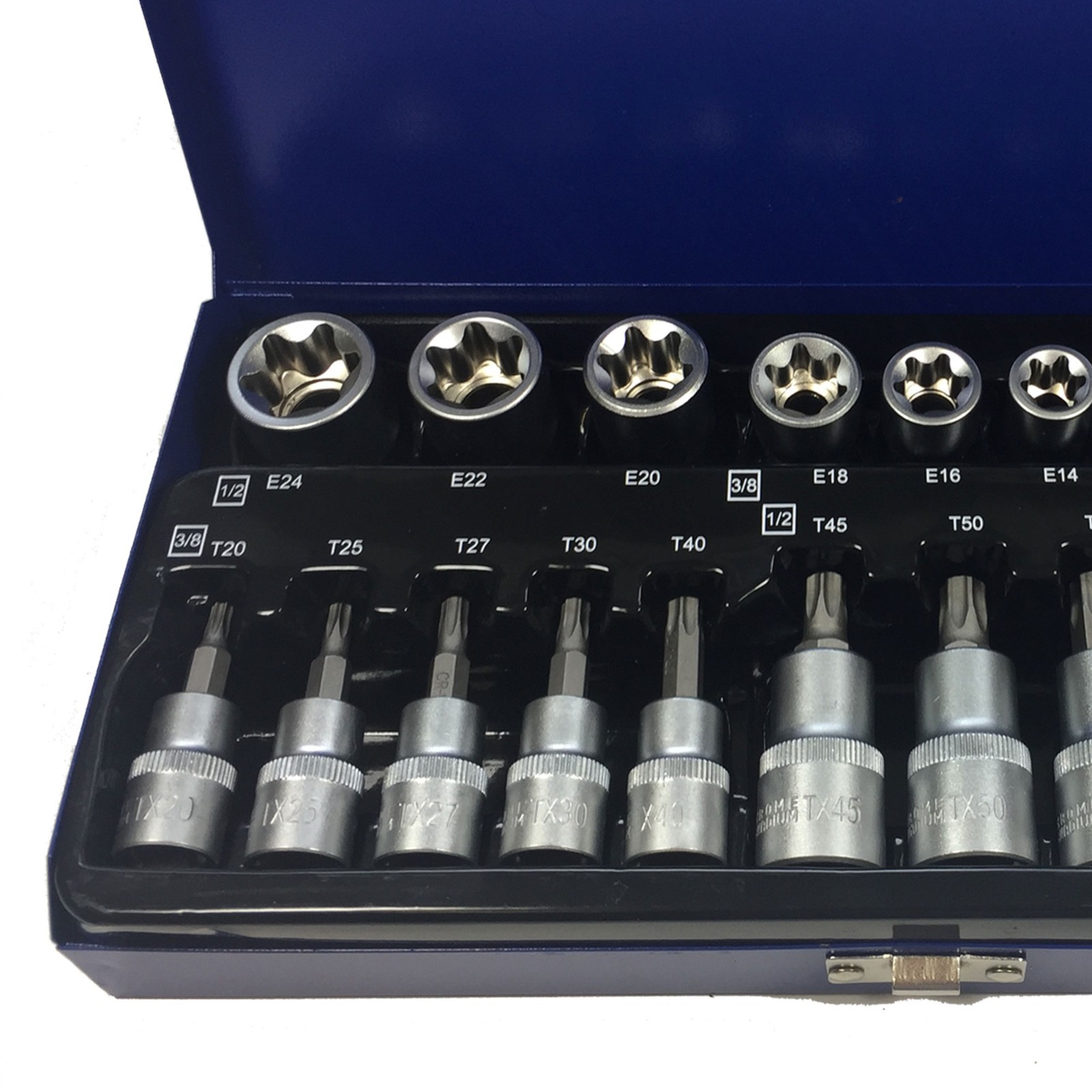 27 Piece Star / Torx Bits Set 3/8″ & 1/2″ Sockets Male & Female Socket Bit Set