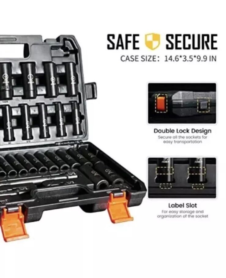 BOEN 1/2″ Drive Deep Impact Socket Set, 35 Piece Socket Set SAE 3/8″ to 1-1/4″