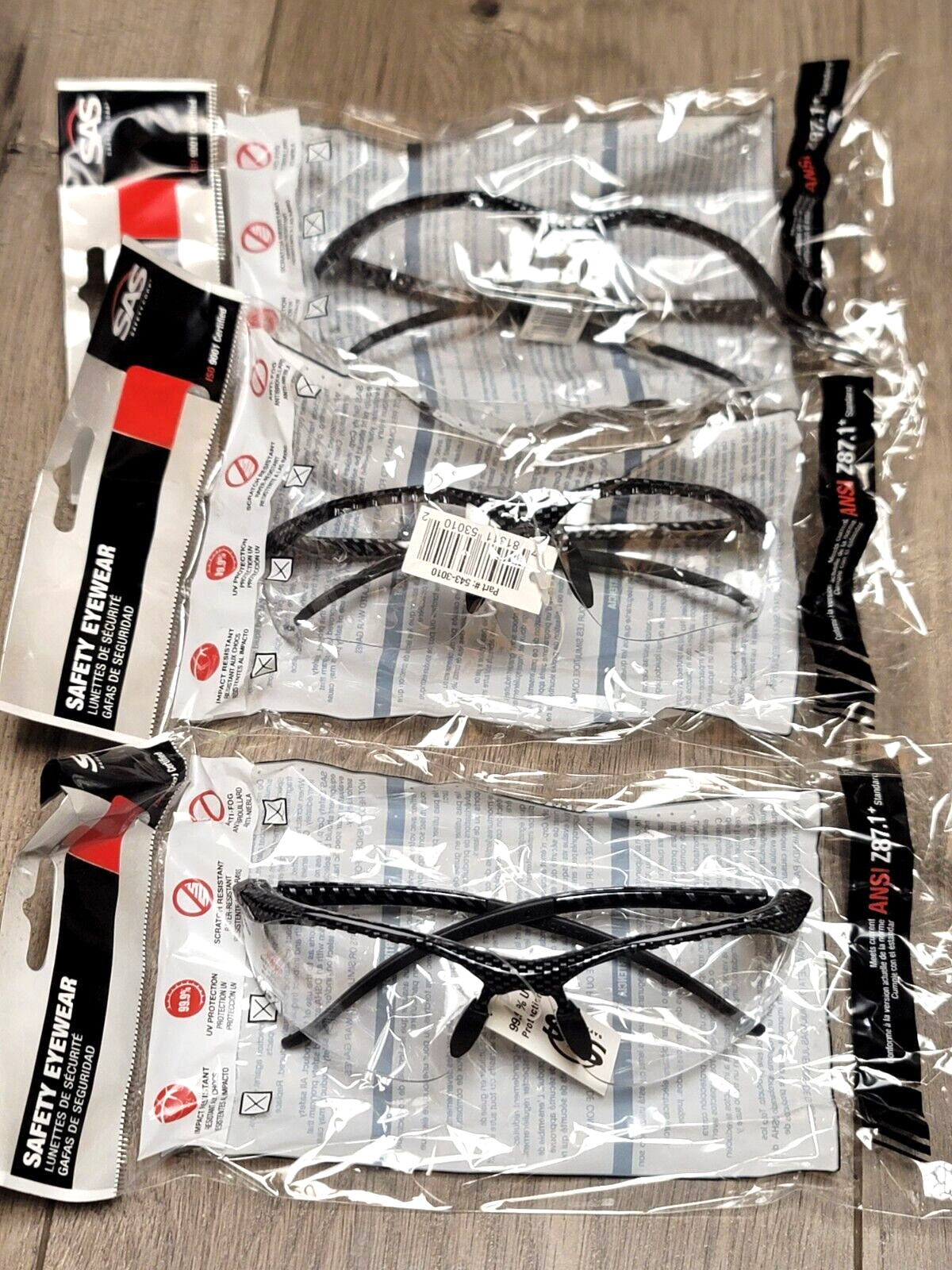 SAS 3pc Carbon Fiber Looking Frame Clear Lens Safety Glasses #543-3010