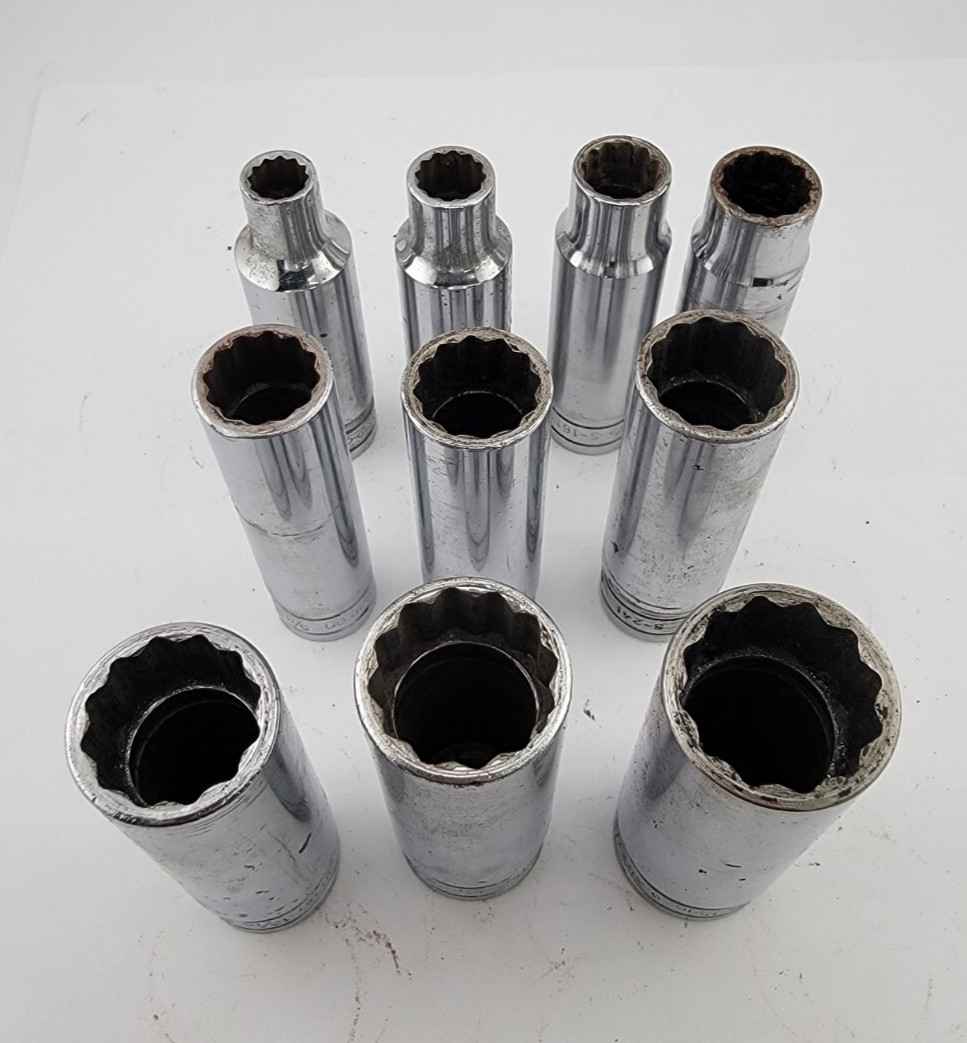 Snap On 10 Piece SAE 1/2 Drive Deep Socket Set 3/8 to 15/16 12 point USA MADE