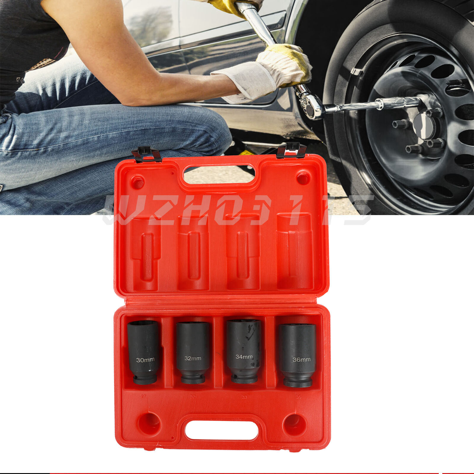 4pc 1/2″ Dr Deep Spindle Axle Nut Socket Set 12 Point METRIC 30mm 32mm 34mm 36mm