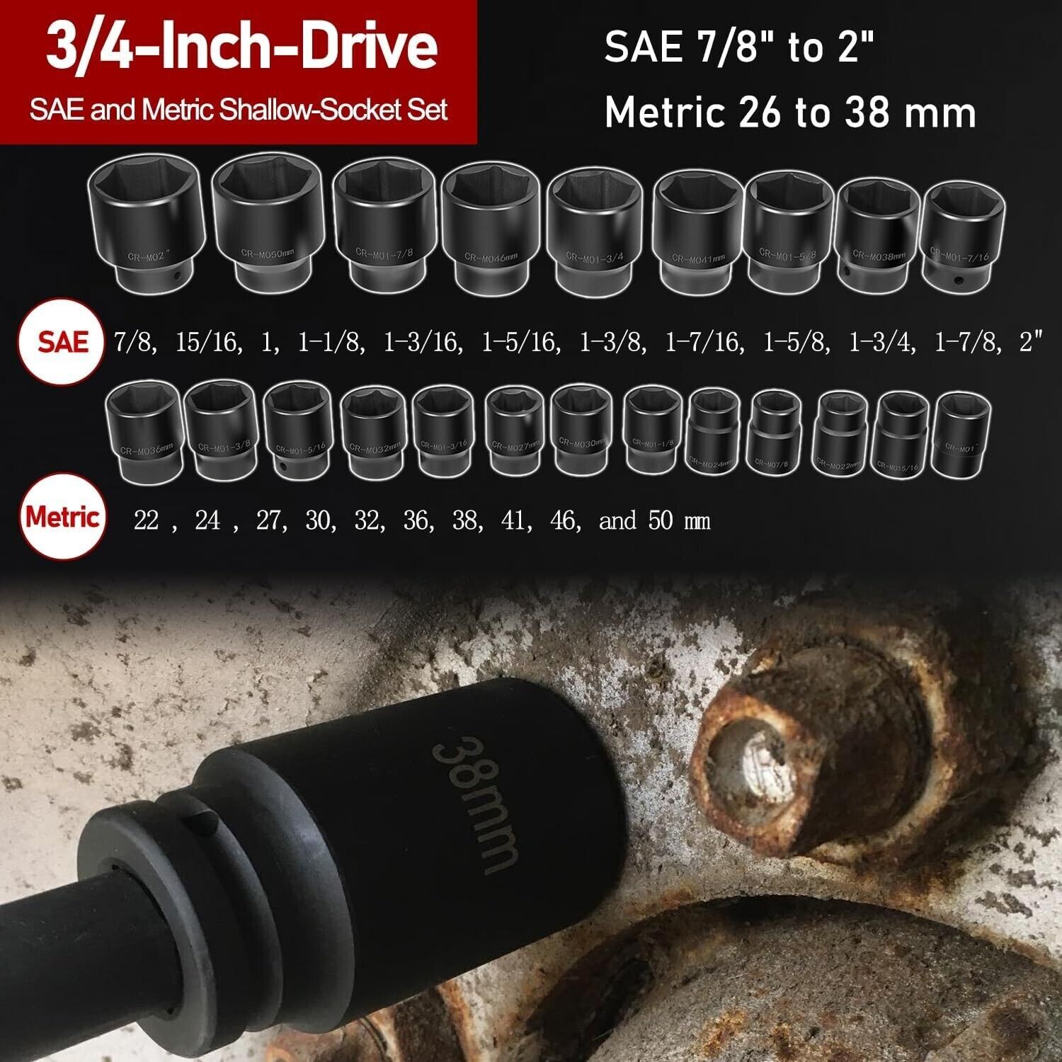 02499A 3/4″ Drive Impact Socket Tool 27pcs SAE 7/8″ to 2″ and Metric 22 to 50 mm