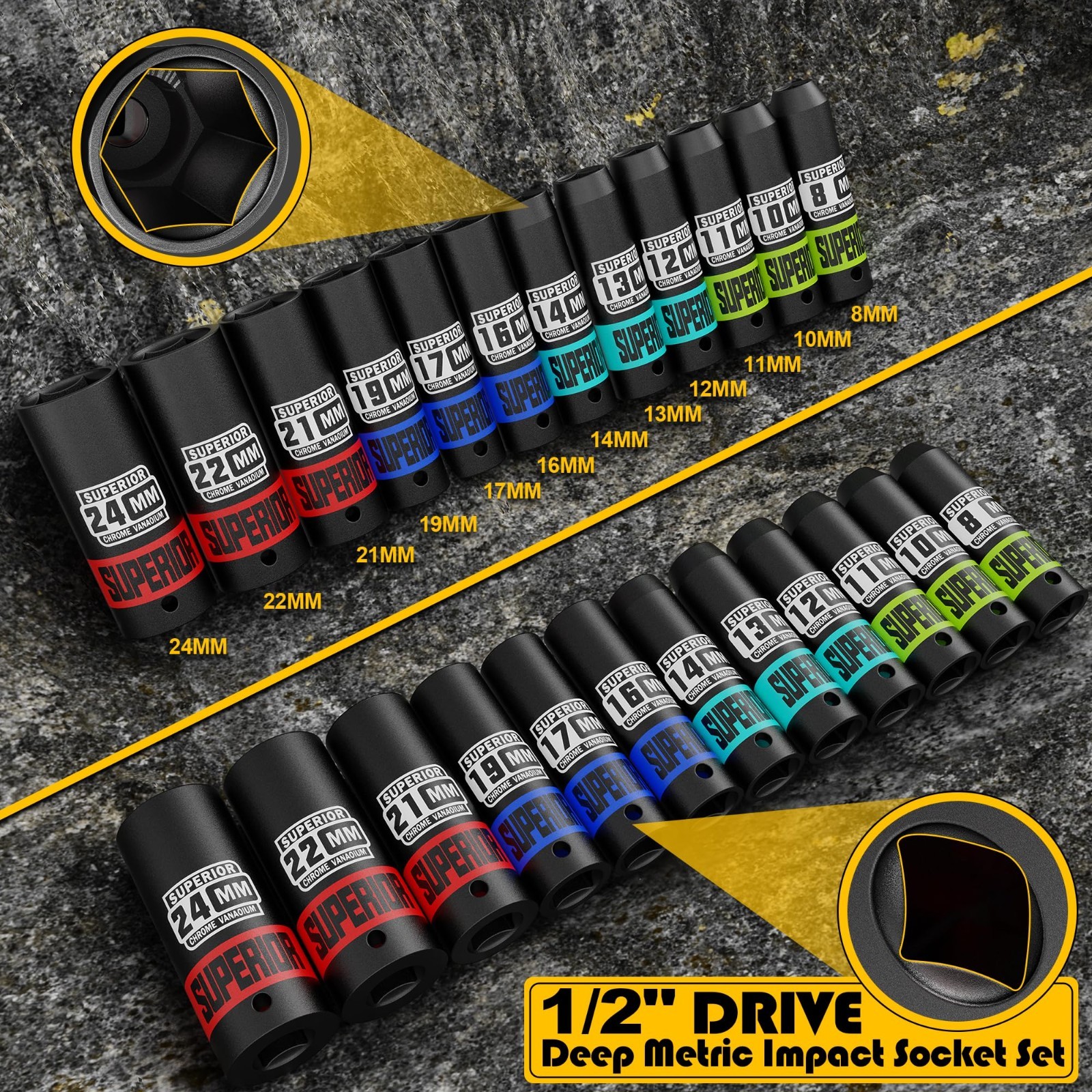 14-Piece 1/2″ Drive Metric Impact Socket Set, 8mm-22mm Deep Sockets, Quick-Relea