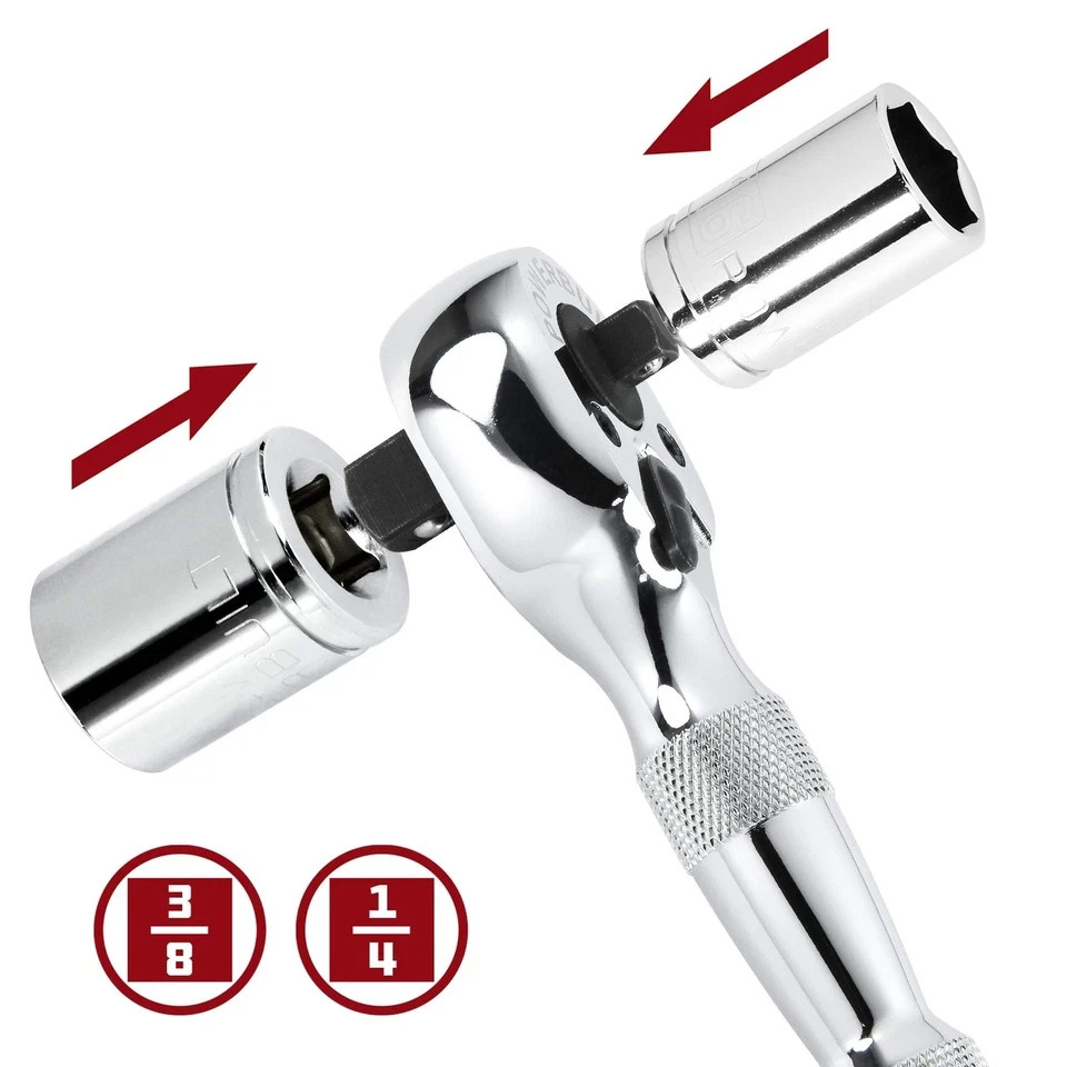 Powerbuilt Stubby Ratchet, Dual Head Ratchet, 1/4 Inch and 3/8 Inch Drive, Re…