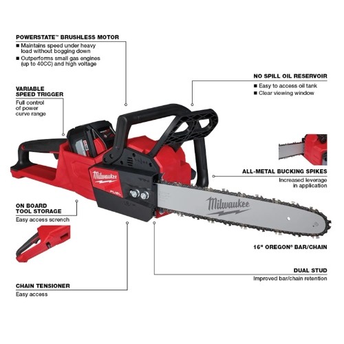 Milwaukee 2727-21HD M18 FUEL 16″ Lithium-Ion Battery Chainsaw Kit
