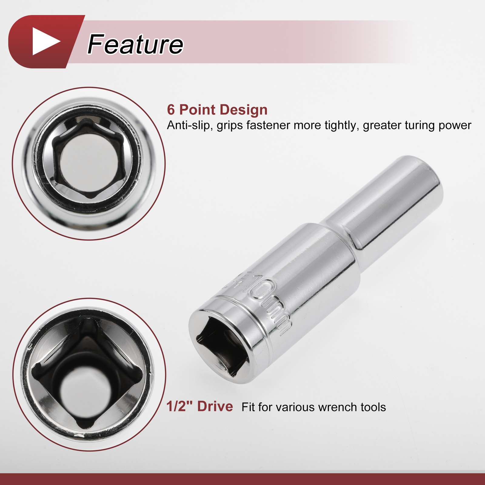 1/2 Inch Drive Impact Socket 10mm 6 Point Chrome Vanadium Steel 1 Pcs 80mm