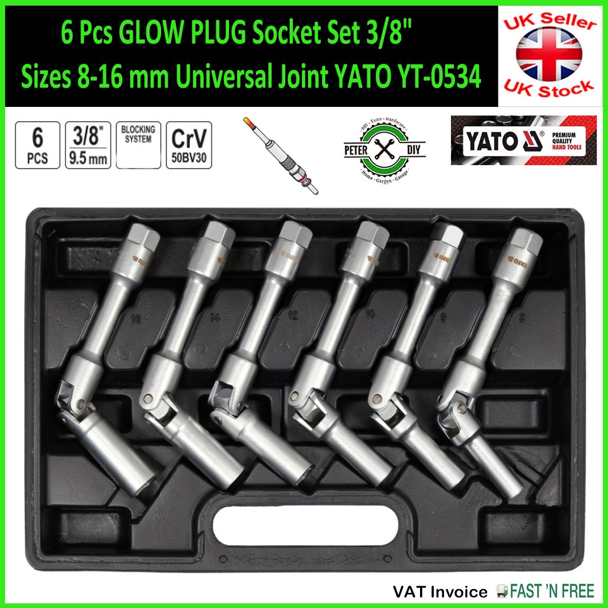 6 Pcs GLOW PLUG Socket Set 3/8″ Sizes 8-16 mm Universal Joint YATO YT-0534