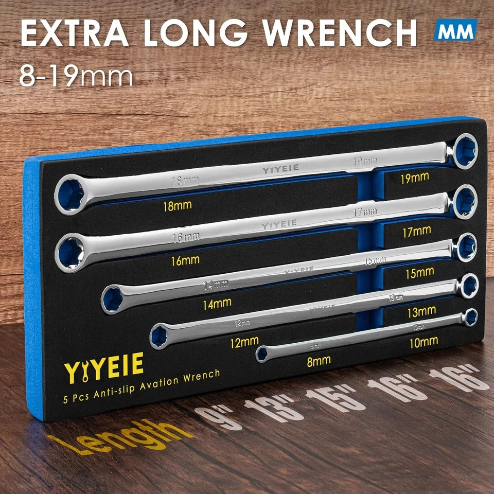 5-Piece Extra Long Box End Wrench Set, Metric 8Mm-19Mm, 6 Point Extended Bolt Ex