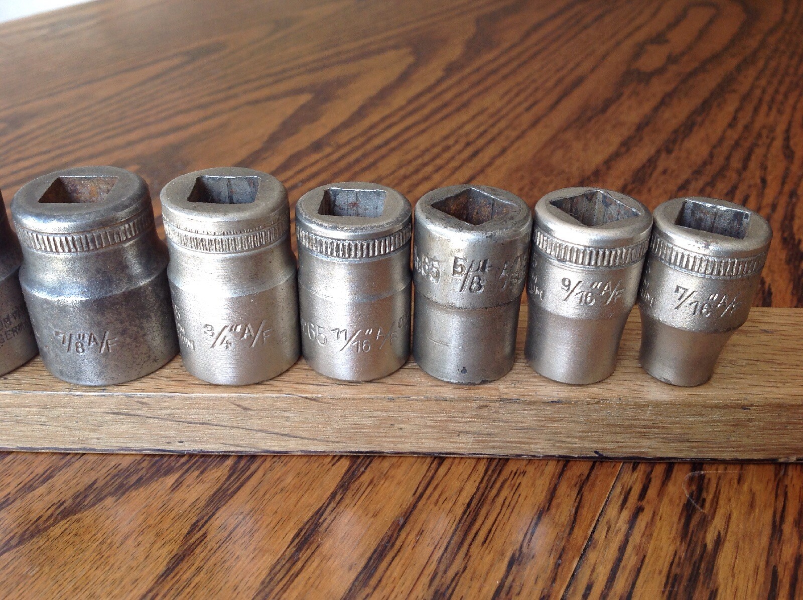 9 Vintage VBW German AF Sockets With 1/2″ Drive 1-1/4″ To 7/16″AF.