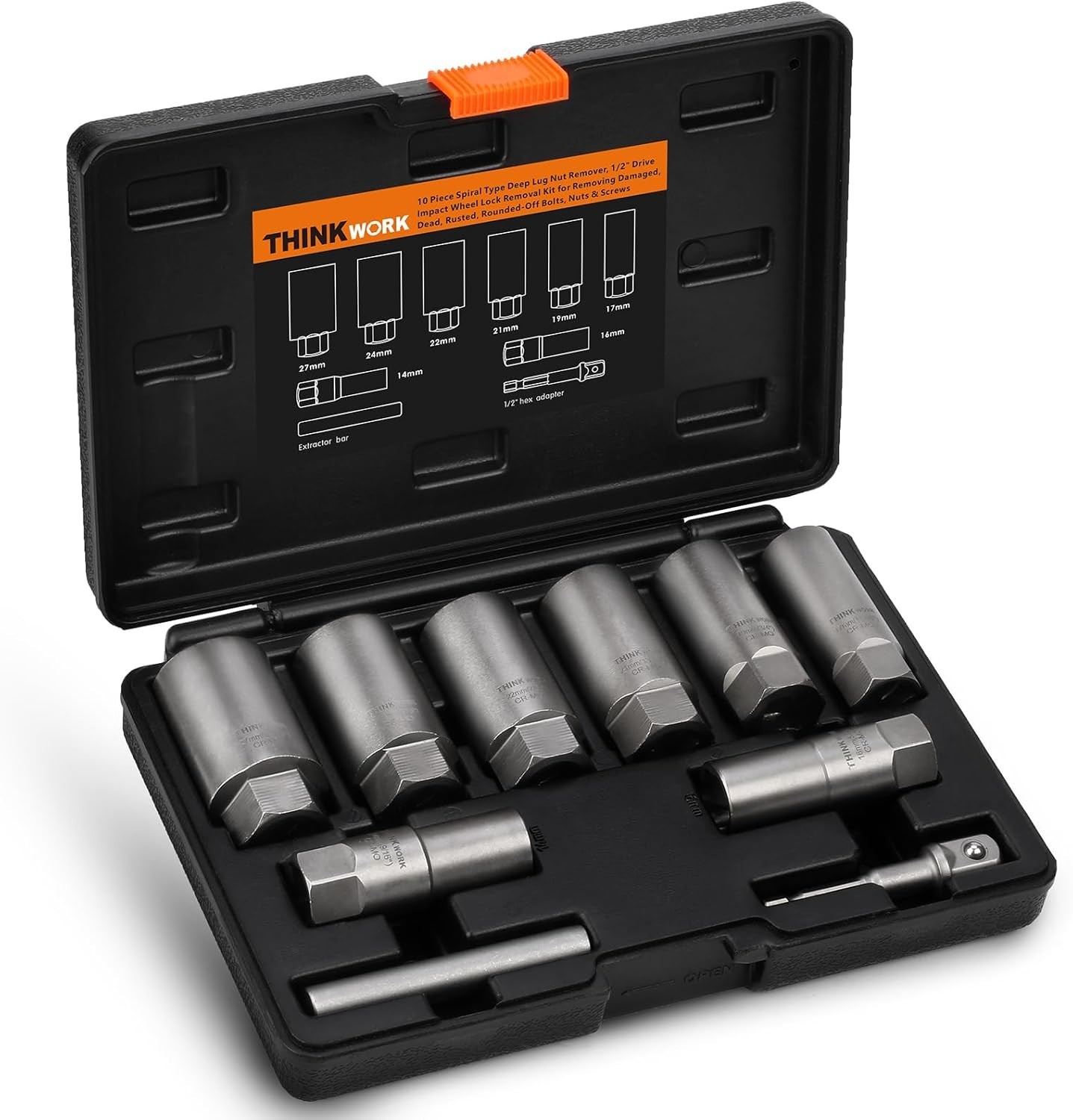 1/2 Inch Drive Lug Nut Extractor Set, Large Sizes, 10pcs Wheel Lock Removal Kit,