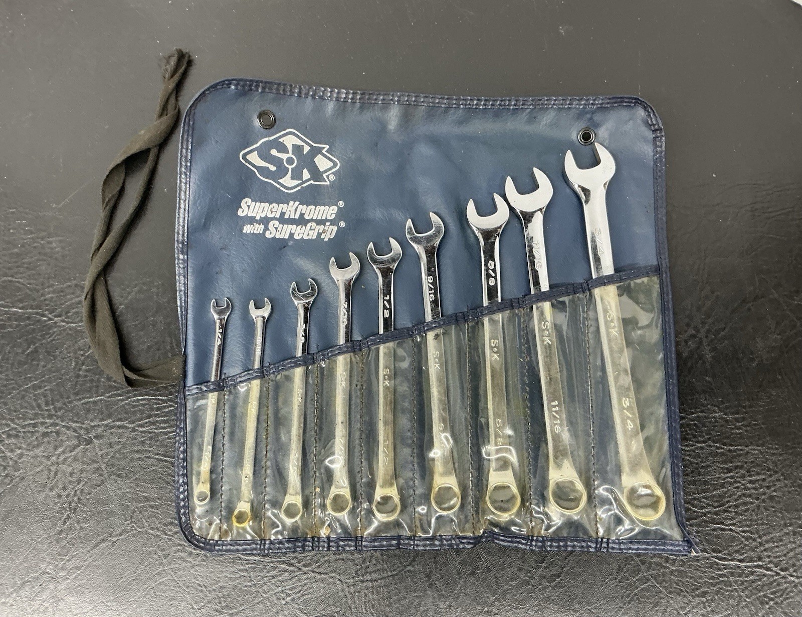 Vtg SK Superkrome SAE Long 6 point Combination 9 Pcs Wrench Set USA 1/4-3/4