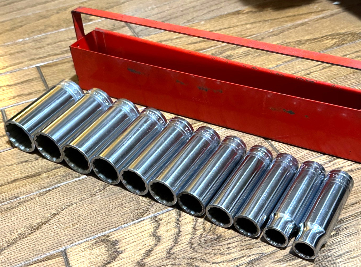 🇺🇸 Snap On Tools 1/2″ DEEP SAE 1/2″- 1-1/8″ Socket Set Lot 12-PT Red Tray USA