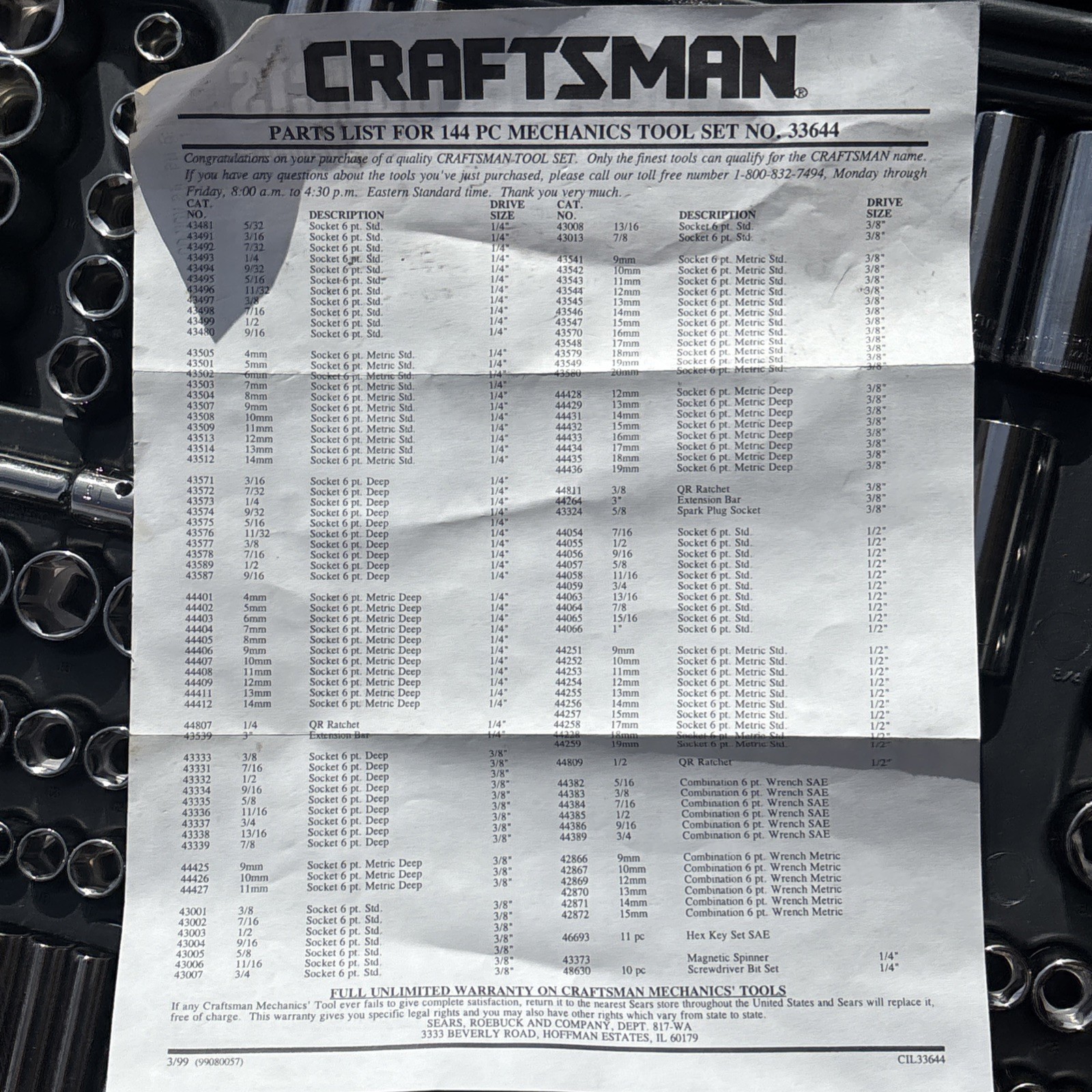 Craftsman Mechanics Socket Wrench Tool Set Metric & SAE ALL 6 POINT 9 33644 USA