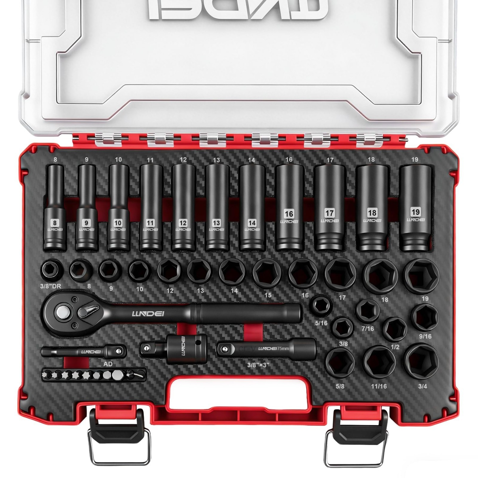 45PCS 3/8″ Drive Impact Socket Set – Metric & SAE, Cr-V, EVA Foam Case, Auto Rep
