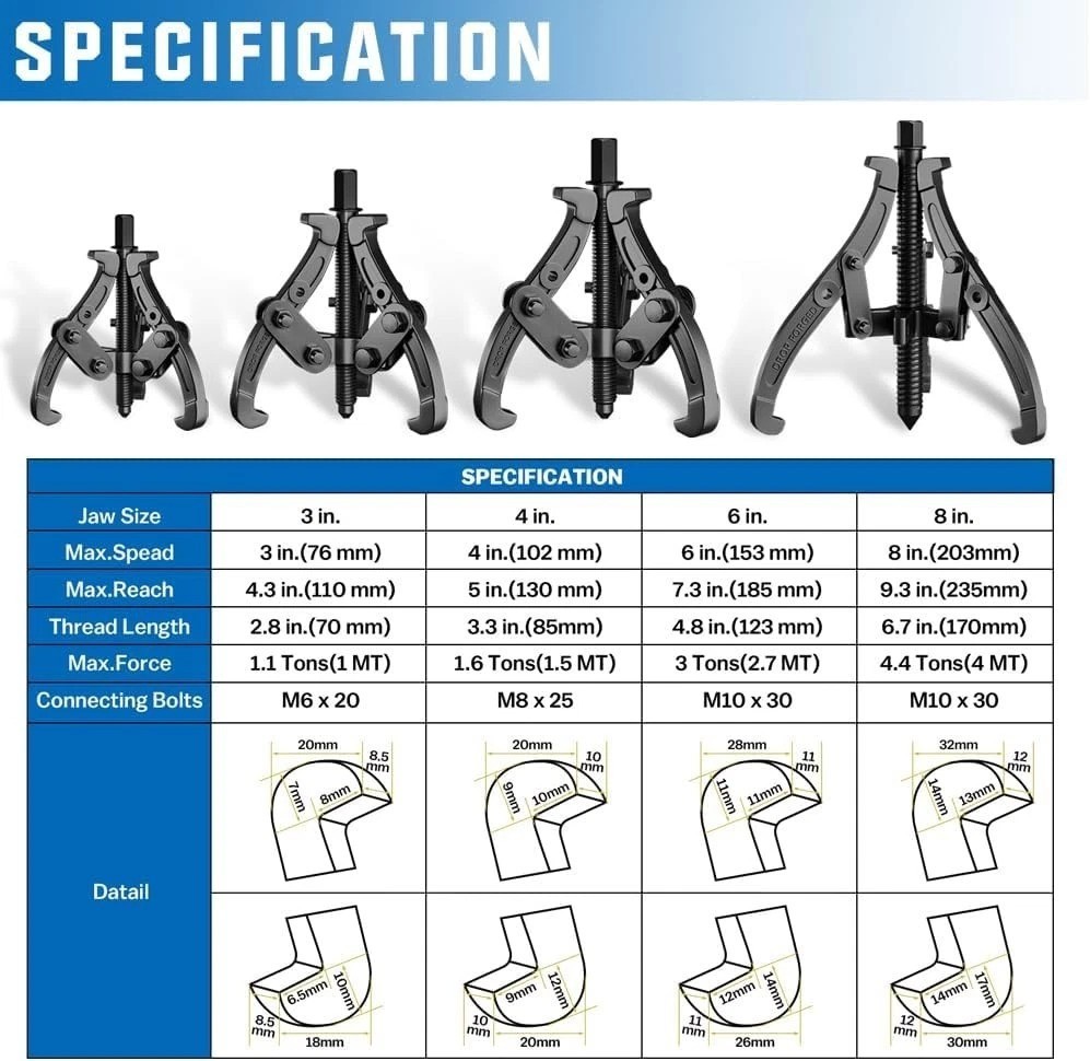 3» 4» 6» 8» Set, 3 Jaw Bearing Puller with Reversible Jaws, 2 Jaw / 3 Jaw…