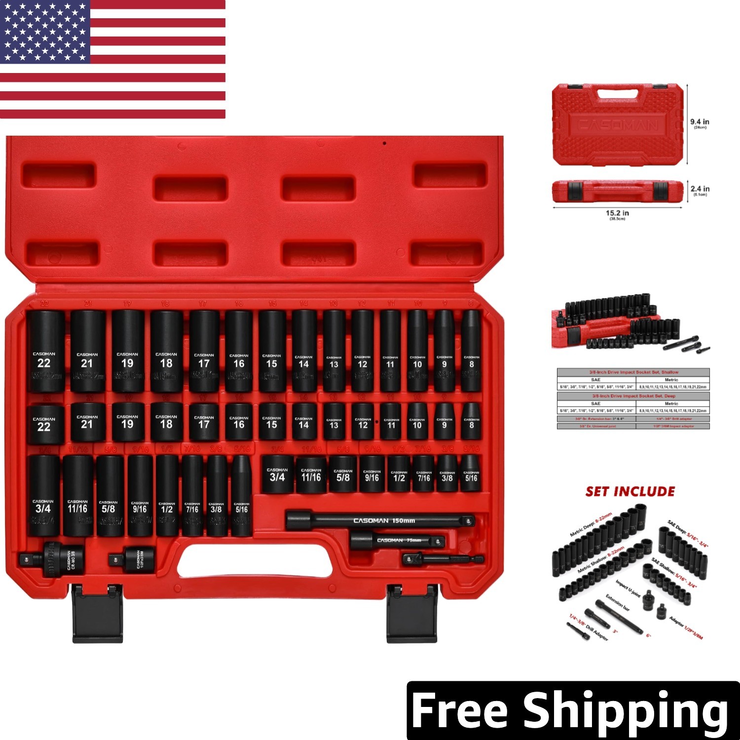 Casoman 49-Piece 3/8″ Drive Impact Socket Set in Cr-V Steel – SAE & Metric Sizes