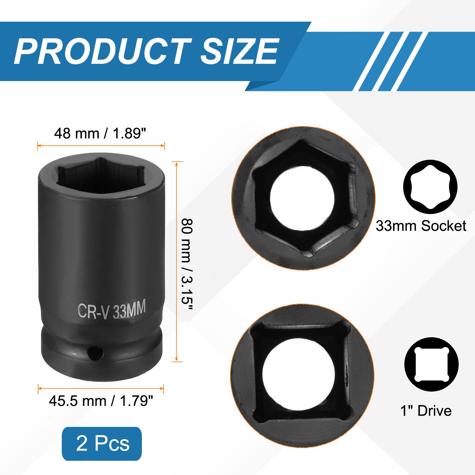 2pcs 1 Inch Drive 33mm 6 Point Impact Socket Chromium Vanadium Steel