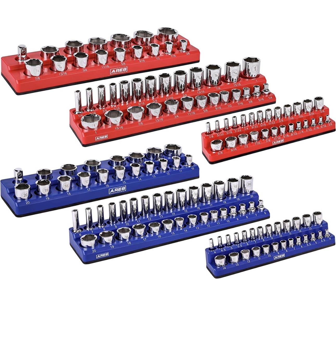 ARES 60058-6-Pack Set Metric and SAE Magnetic Socket Organizers -Blue and Red…