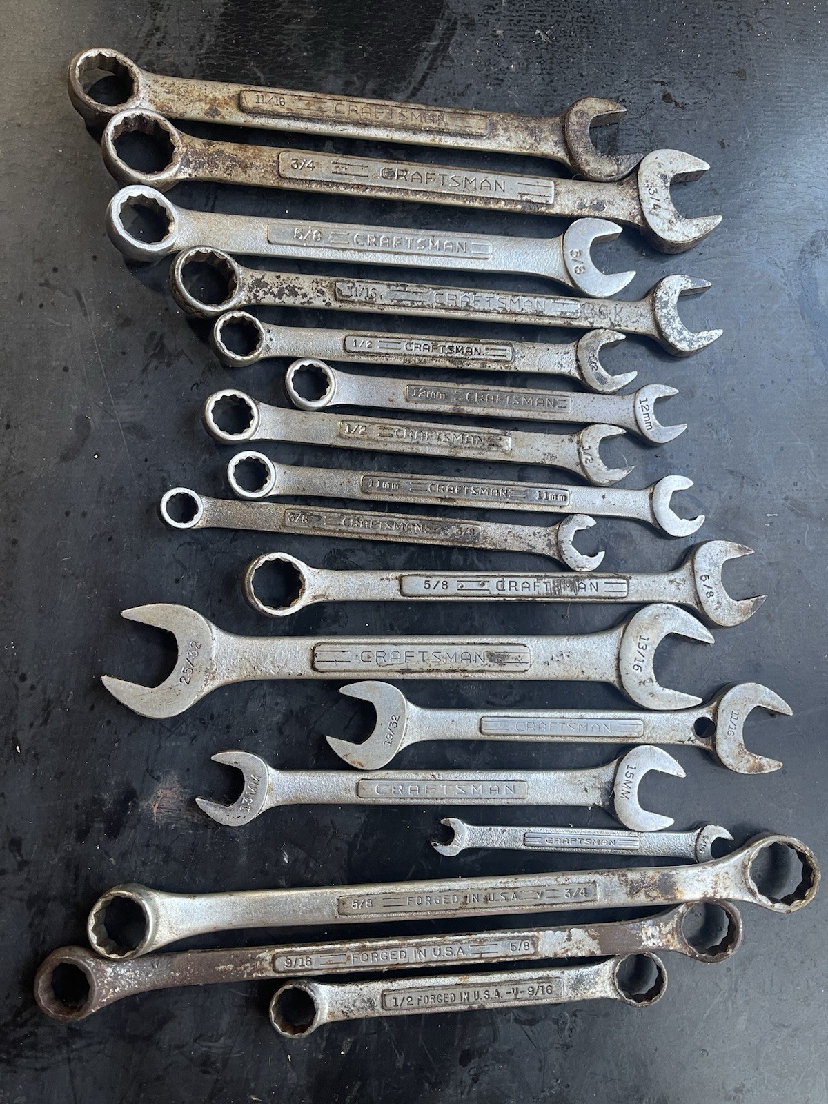 17 pc. Lot Vintage Craftsman USA Combination Wrenches, SAE & Metric Rusty