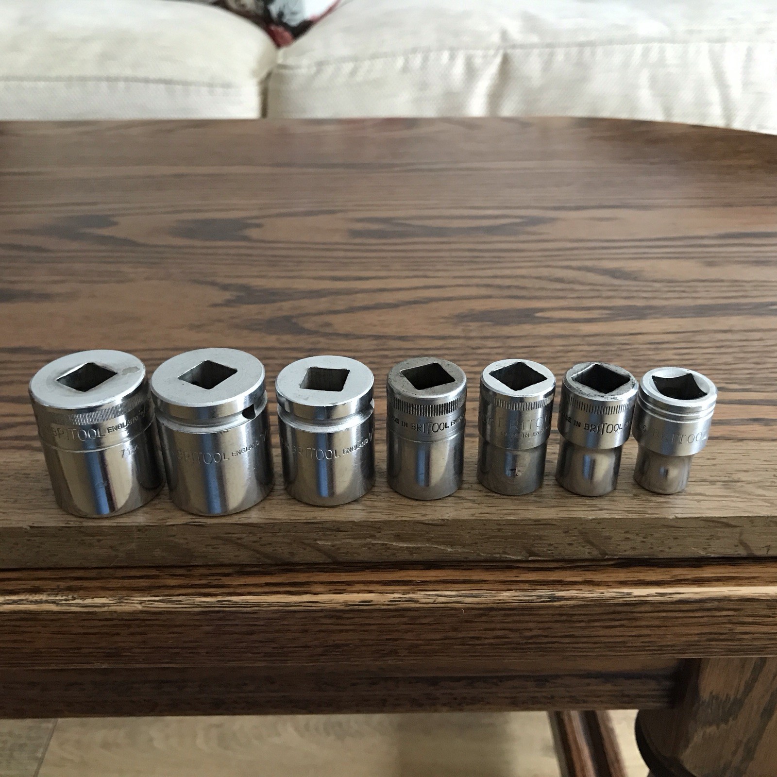 7 Vintage Britool Sockets 9/16”To 3/16”Whitworth With 1/2” Drive . C