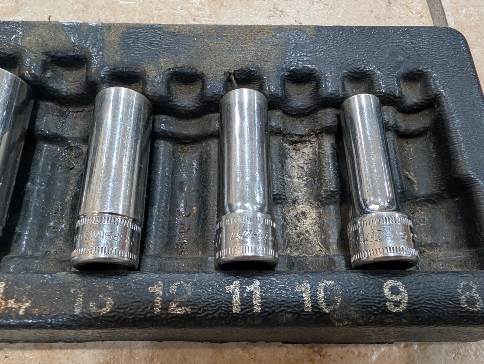 Snap On 3/8 Drive Deep Metric 6 Point Socket Incomplete Set USA Plastic Tray