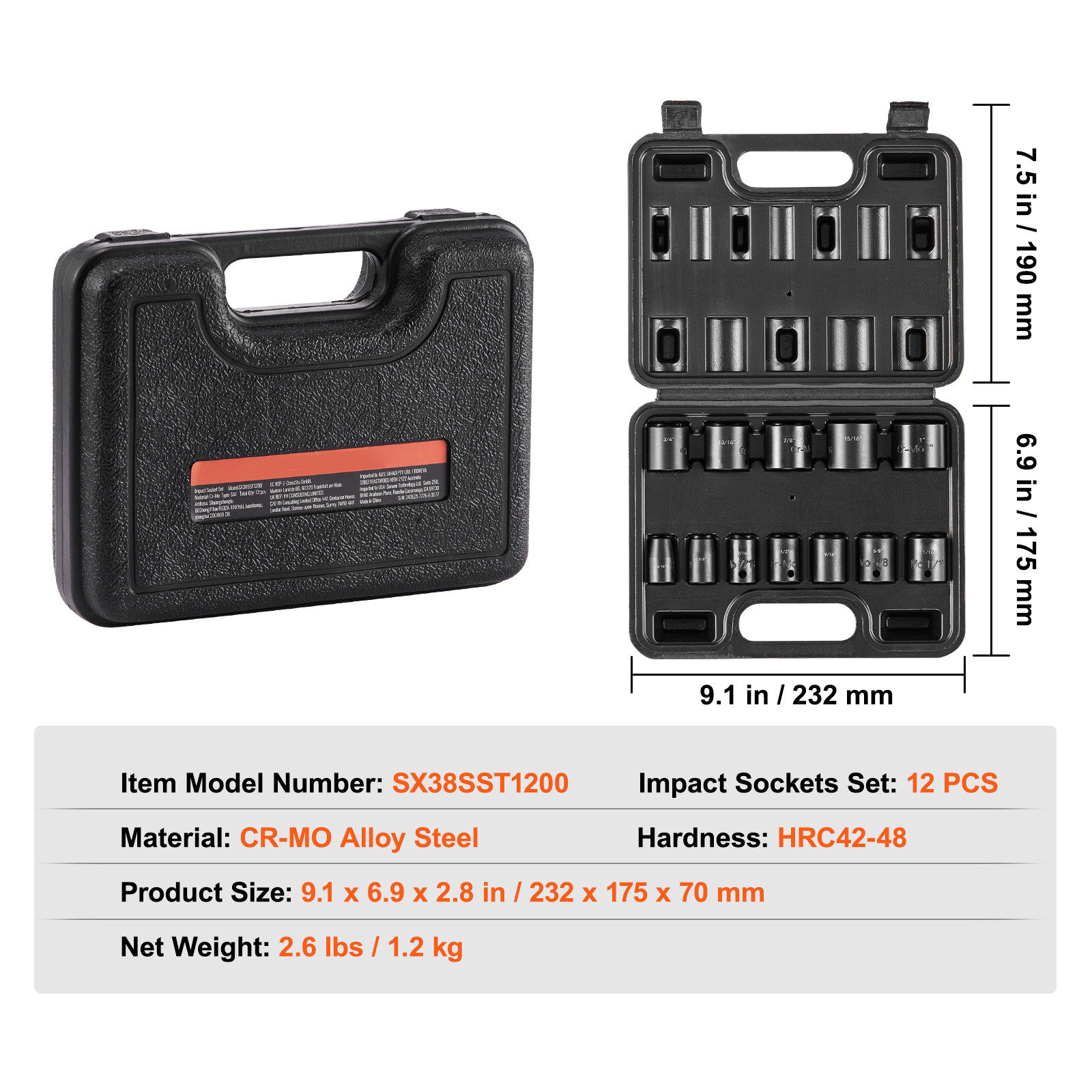 VEVOR Impact Sockets Set 12pcs 6-Point 3/8in Drive Bit Ratchet Tool Kit Case