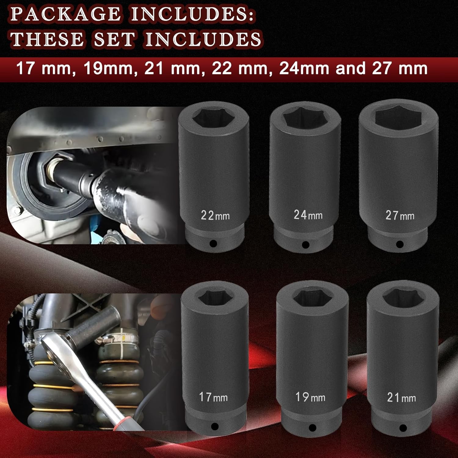 6 PACK 1/2″ CRANK BOLT SOCKET SET,17MM, 19MM, 21MM, 22MM, 24MM 27MM