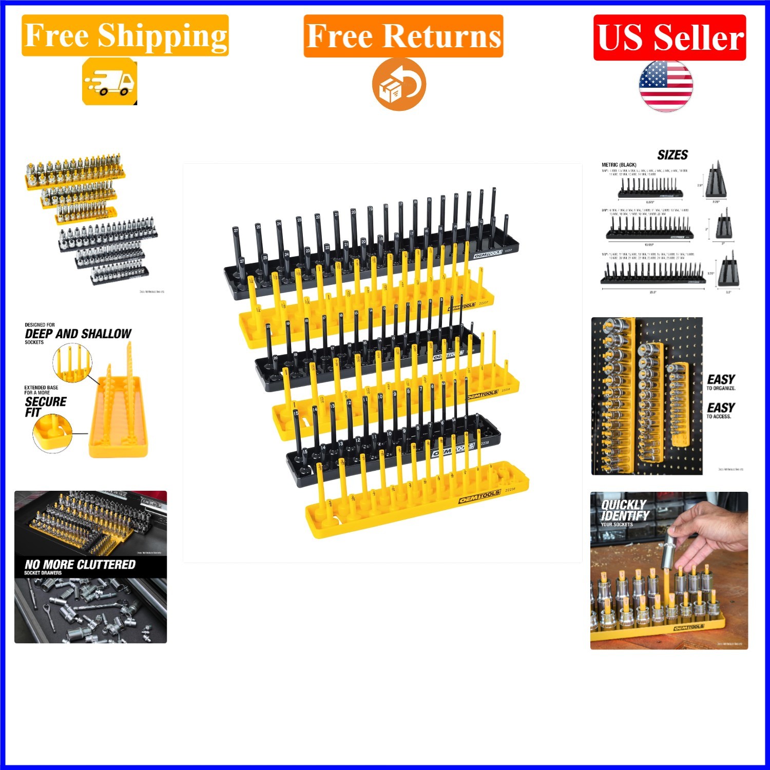 6-Piece SAE & Metric Socket Tray Set for 1/4 3/8 1/2 Drive, Black & Yellow