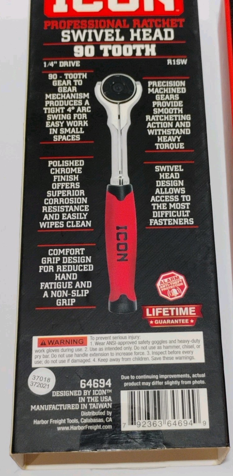 ICON Professional Ratchet 90 Tooth Swivel Head 1/4” Drive 64694 R1SW Swivel Head