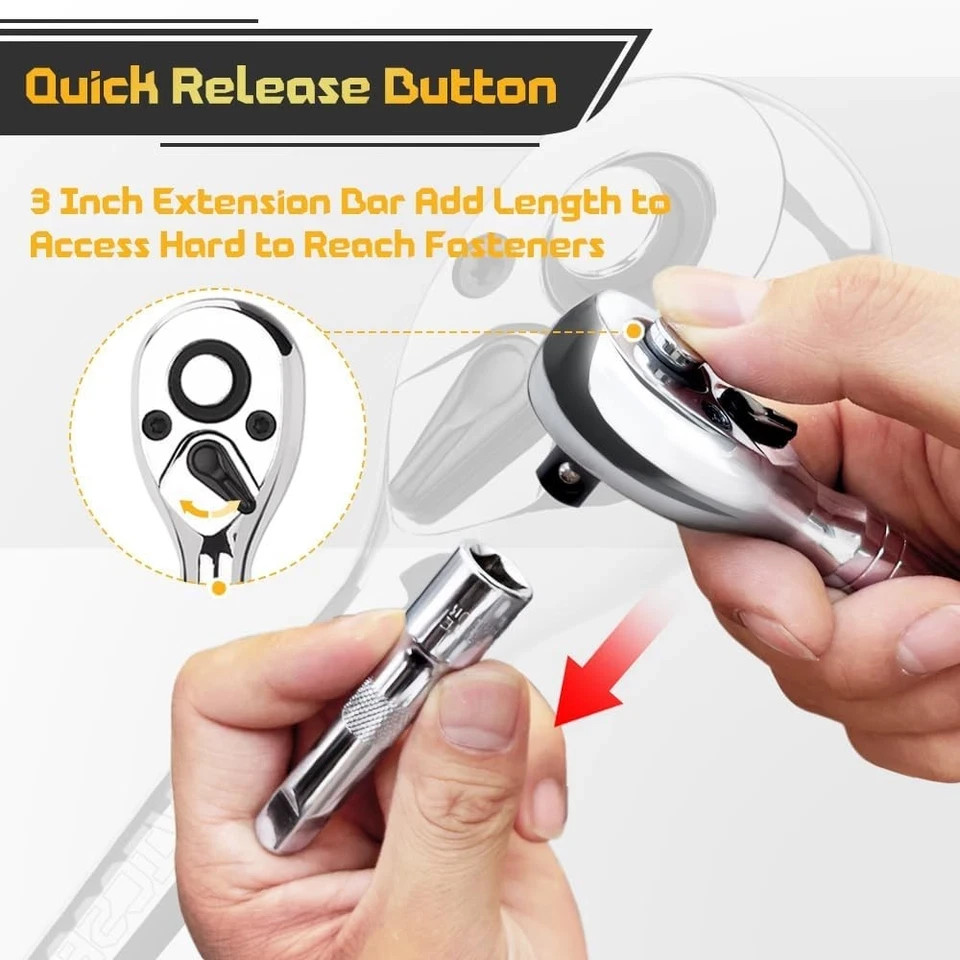 Stubby Ratchet Set- 3/8″ Drive Handle with a Extension Bars, Silver
