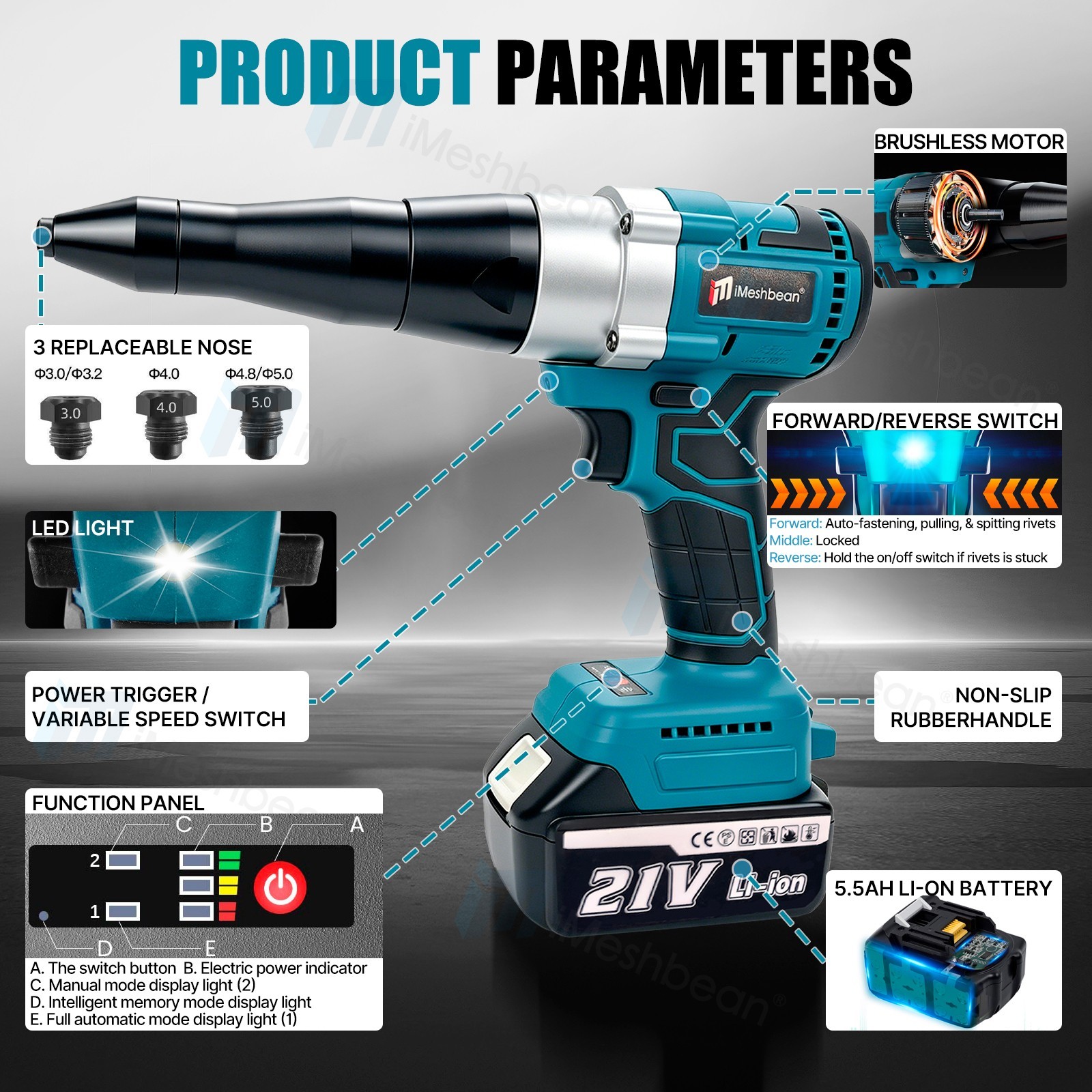 Cordless Rivet Gun 5.5Ah Battery Automatic Electric POP Blind Riveting Riveter