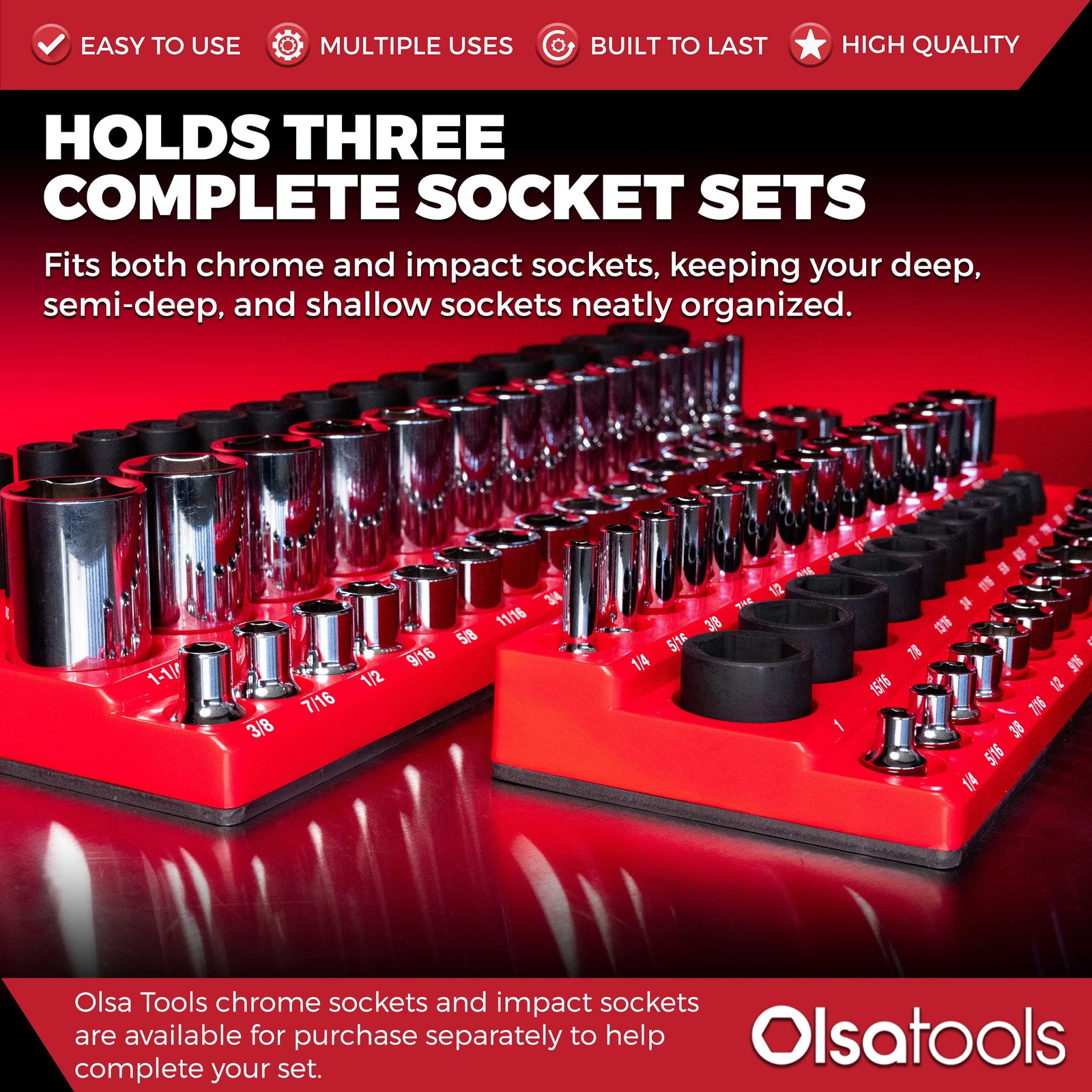 Magnetic Socket Organizer 1/4 3/8 1/2 SAE 123 Sockets Red 1560 Olsa Tools Drive