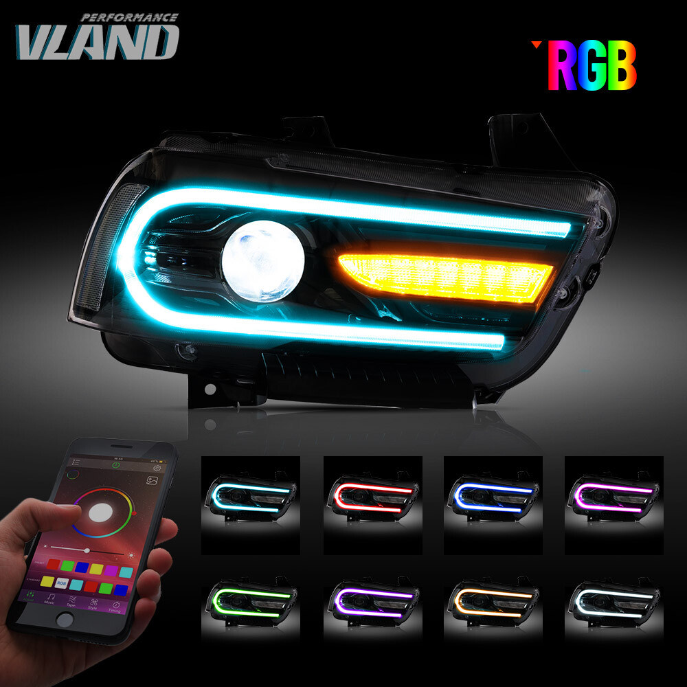 VLAND Headlights w/RGB DRL Sequential Turn+LED Bulbs For Dodge Charger 2011-2014