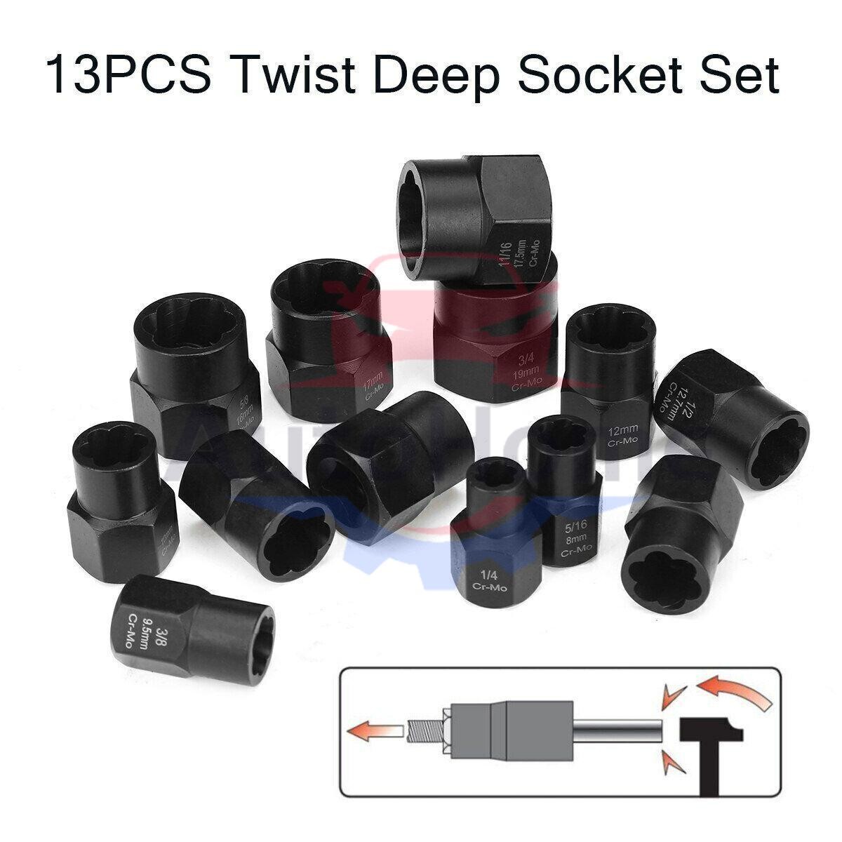 13pc Impact Damaged Bolt Nut Screw Remover Extractor Set Twist Socket Tool Kits