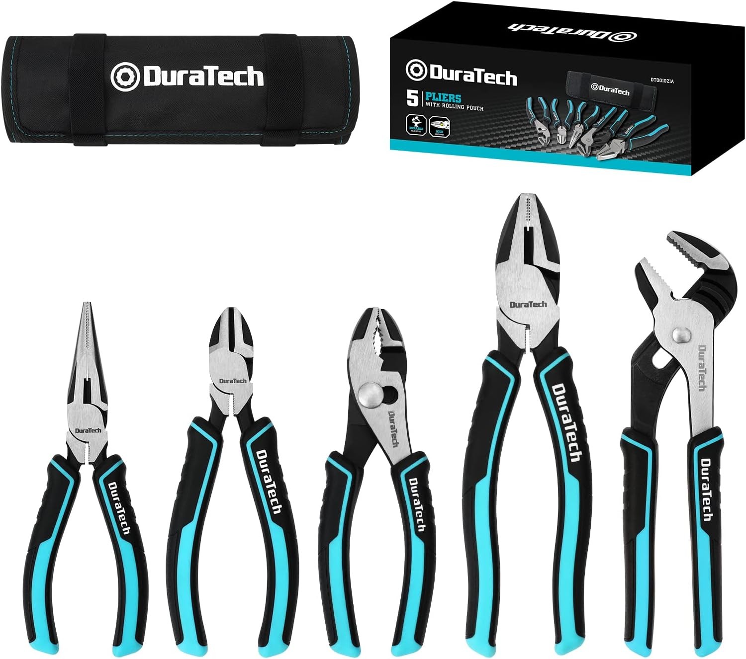 DURATECH 5-Piece Cr-Ni Pliers Set, 6″ Long Nose, Slip Silver, Blue, Black