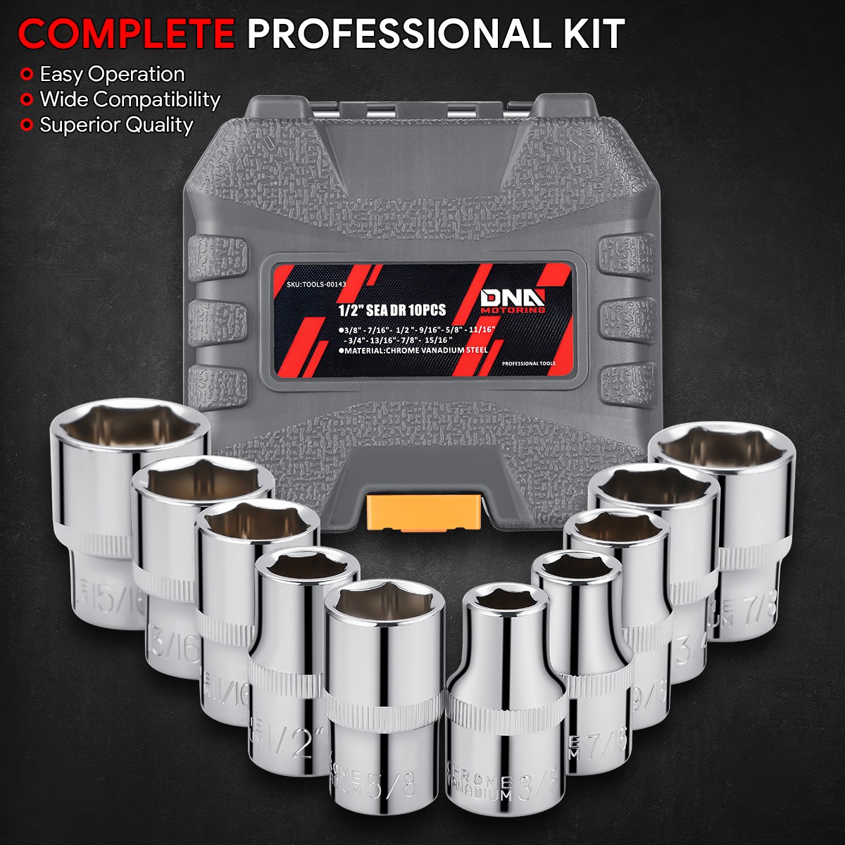 10Pcs 1/2″ Dr 6 Point SAE Impact Socket Set Chrome Vanadium Steel 3/8″ to 15/16″