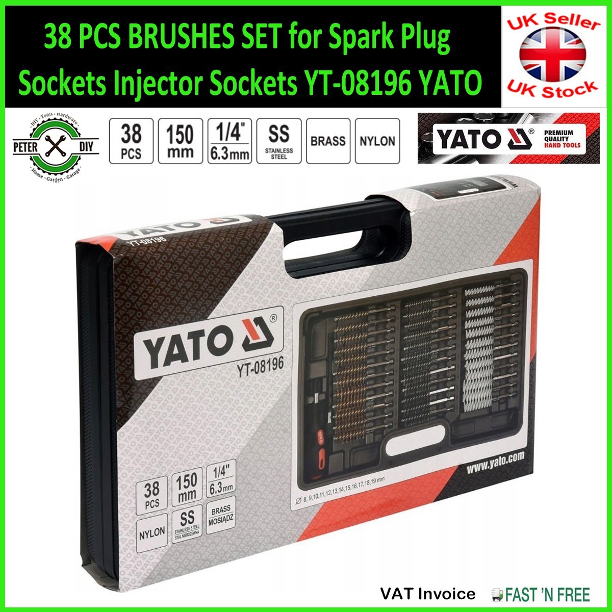 38 PCS BRUSHES SET for Spark Plug Sockets Injector Sockets YT-08196 YATO