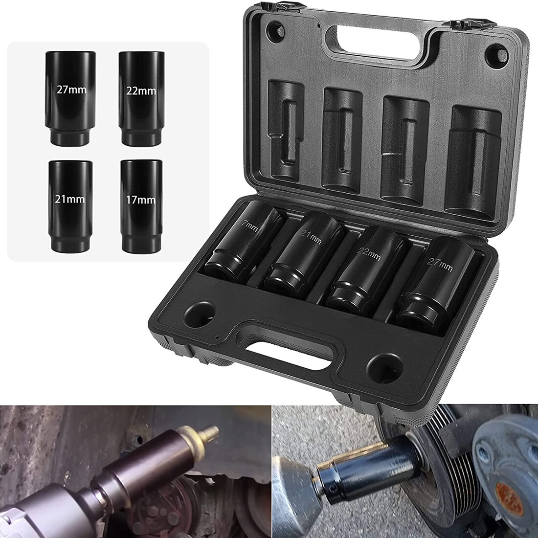 1/2″ Drive Deep Impact Socket Set 17mm 21mm 22mm 27mm Crank Bolt Socket Set 4pcs