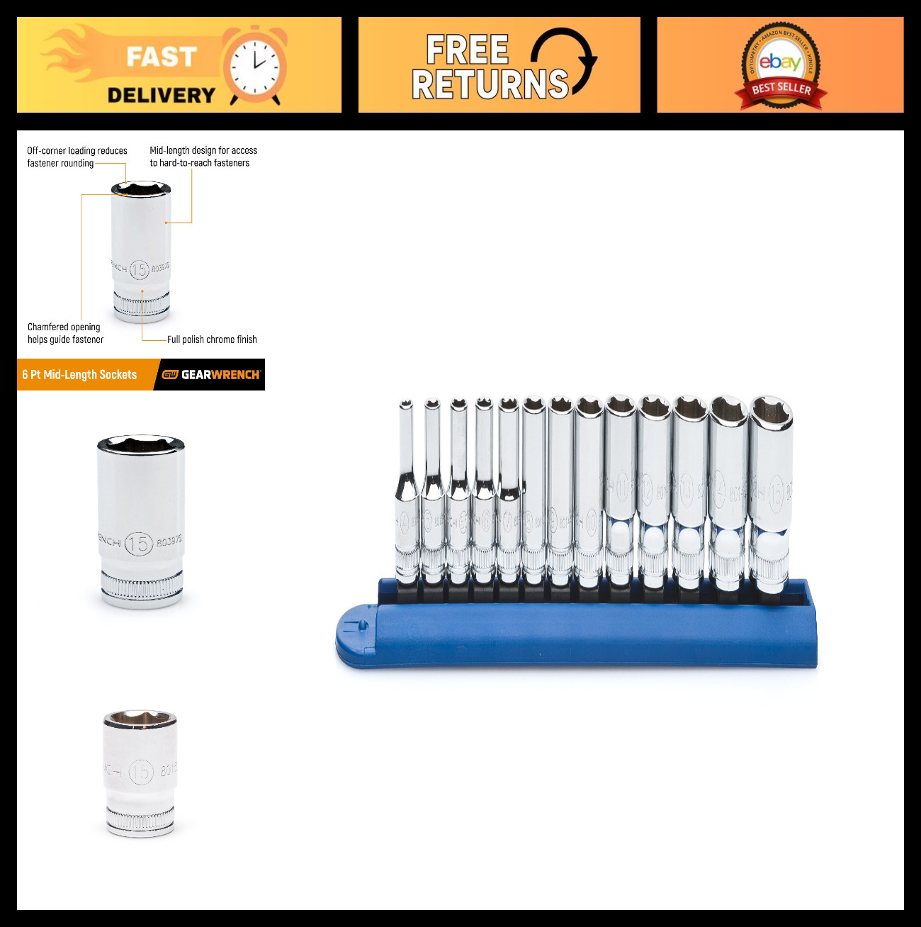 13 Pc 1/4″ Drive Mid-Length Socket Set, 6 Point Metric Tool Kit for Mechanics